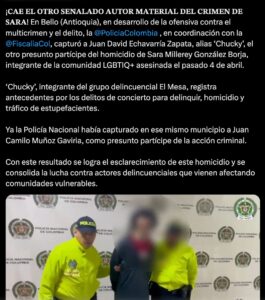 Capturan a dos presuntos responsables del asesinato de Sara Millerey, mujer trans en Antioquia